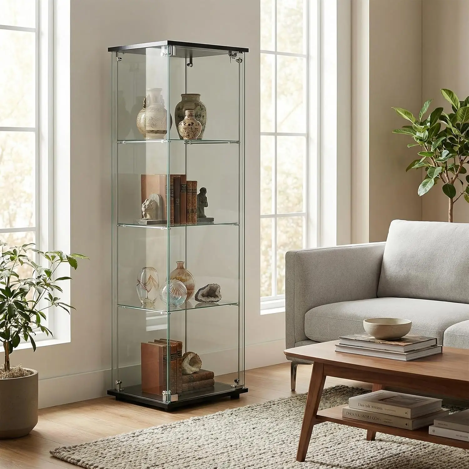 Tempered Glass Display Cabinet Single Door Storage Showcase Living Room Furniture Black, Customized