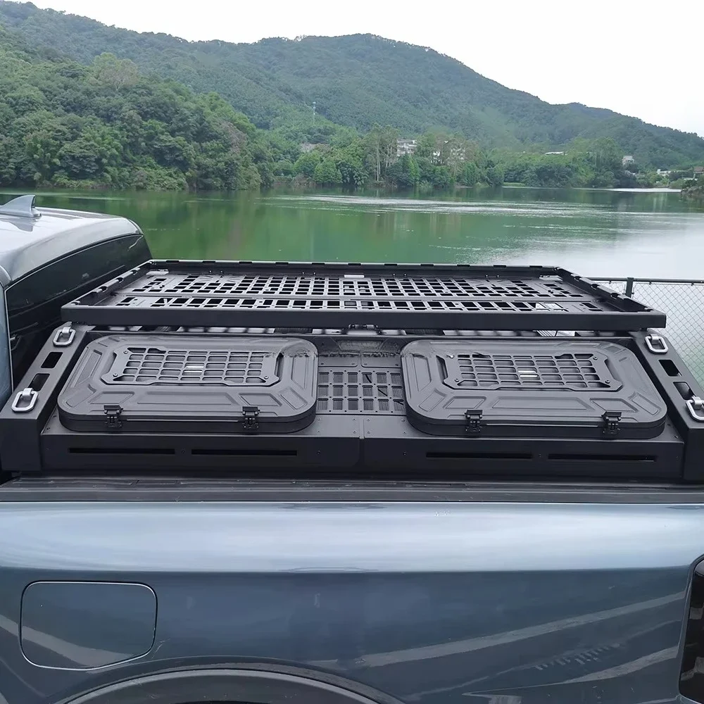 Universal Pickup Use Rolling Bar Heavy Duty Sport Aluminum Bed Roof Rack Top Carrier with Storage Boxes Pickup Truck Accessory