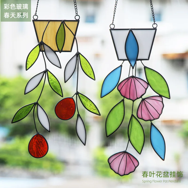Plants Flower Stained Glass Window Hanging Artificial Plants Catchers Indoor Window Stain Glass Suncatcher Hanging Home Decor