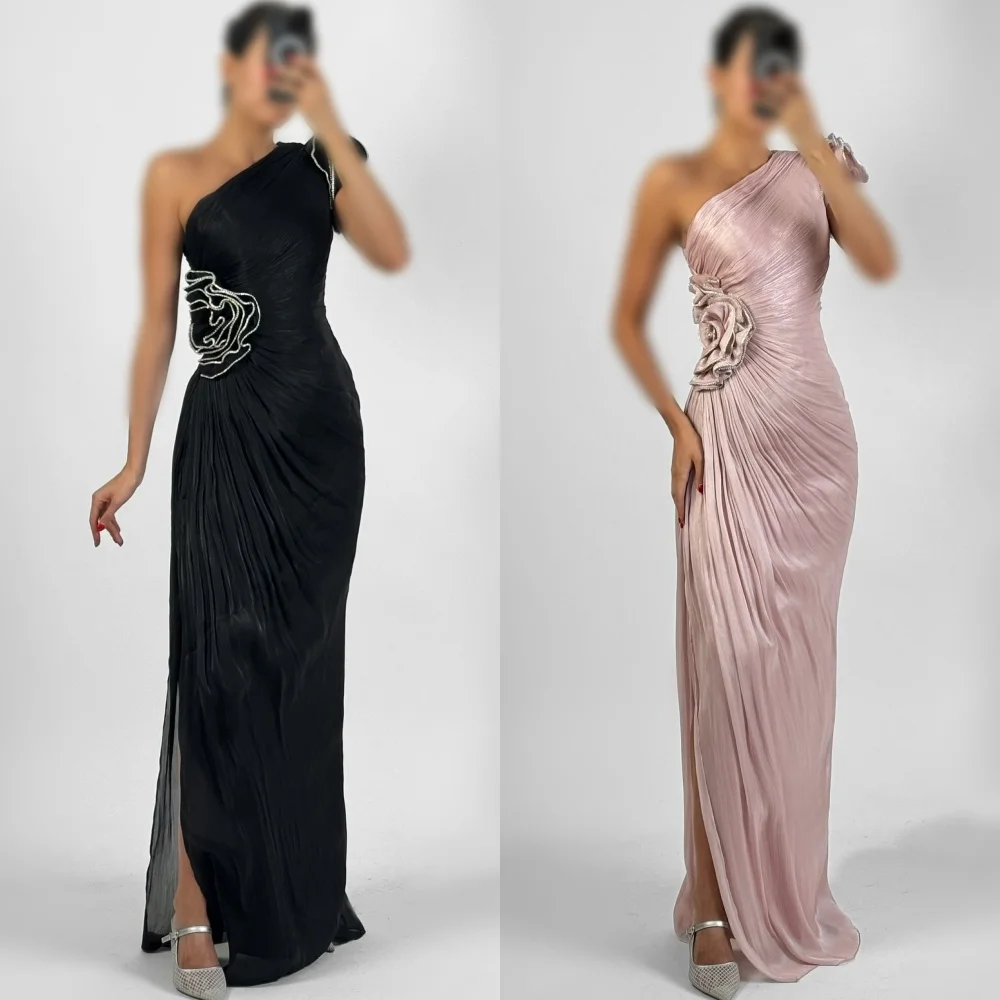 

Customized Modern Style Elegant Handmade Flower Pleat Mermaid One-shoulder Long Dresses Bespoke Occasion Dresses Sizes Available