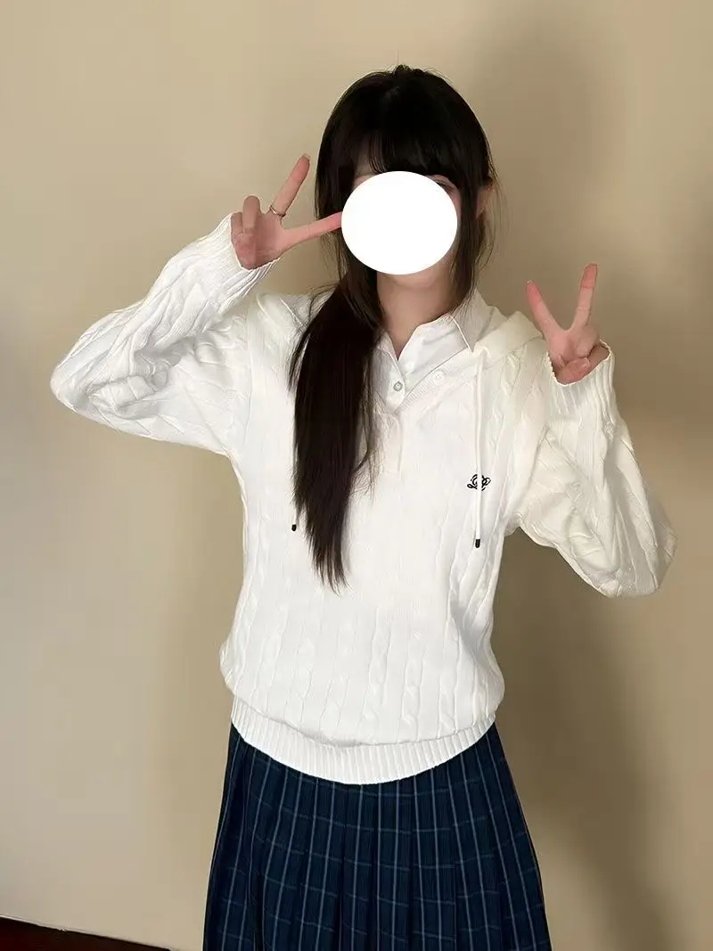

Fashionable Warm White Knitted Long Sleeve Turtleneck Sweater Outerwear Autumn Winter Japanese Style School Uniform Skirt Set