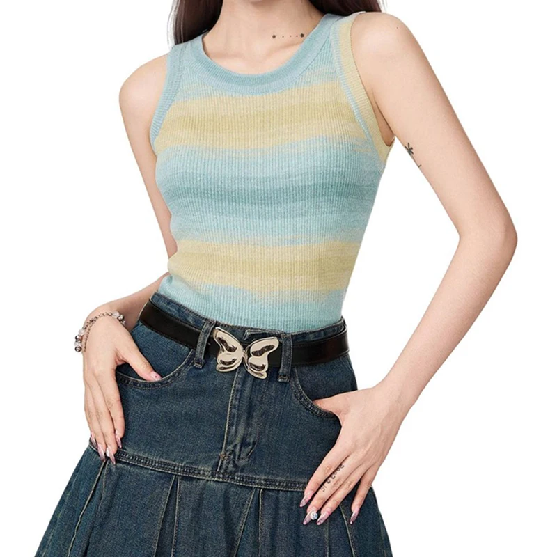 Chic Patchwork Color Striped Knitted Vest Women Summer Skinny Slim Crew Collar Tank Top Beach Vocation Outwear Sleeveless Top