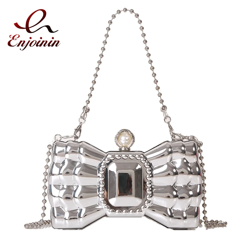 

Silver Bow Shaped Box Party Clutch for Women Designer Purses and Handbags Ladies Wedding Evening Bag Luxury Chain Shoulder Bag