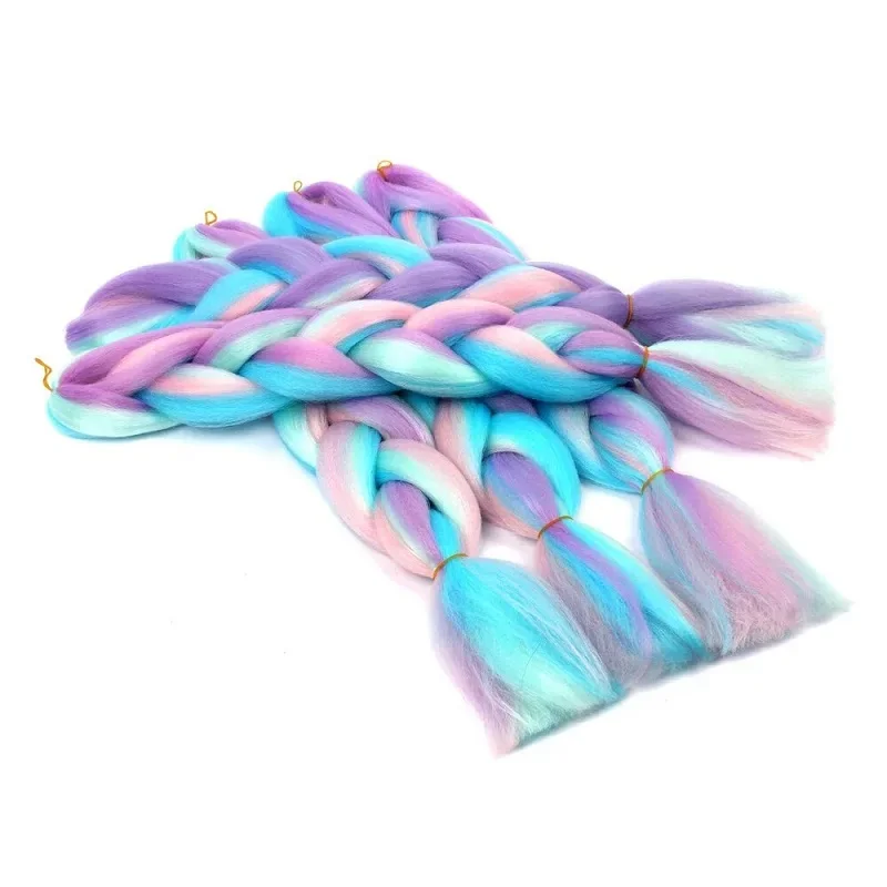 وصلة شعر صناعية طويلة جديلة بطول 60.96 سم، شعر جامبو متدرج متعدد الألوان بألوان قوس قزح للنساء #4