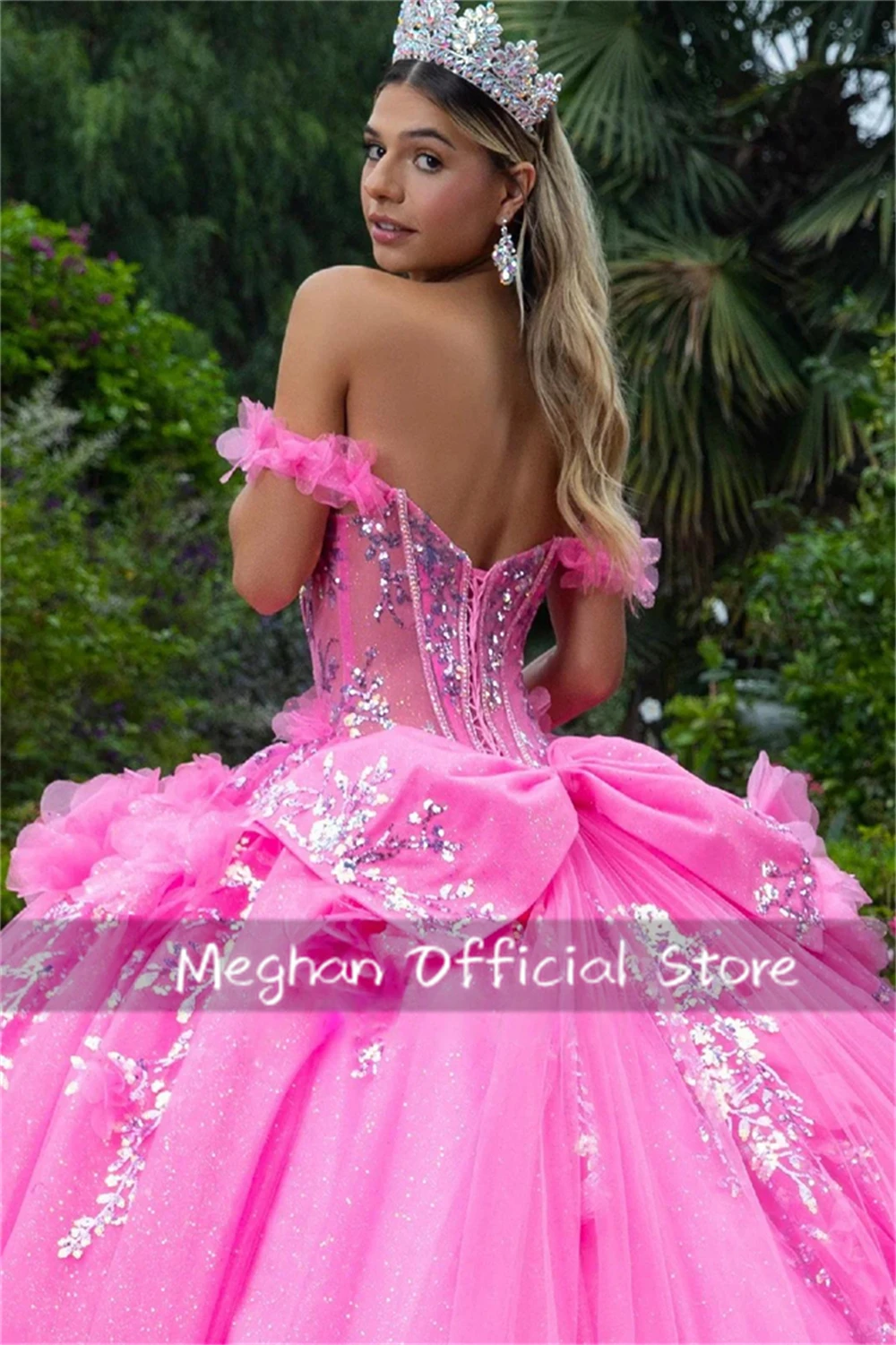 Glitzerndes rosa Ballkleid-Quinceanera-Kleid für Mädchen, herzförmig, schulterfrei, 3D-Applikationen, Vestidos de 15 Jahre, individuell gestaltet