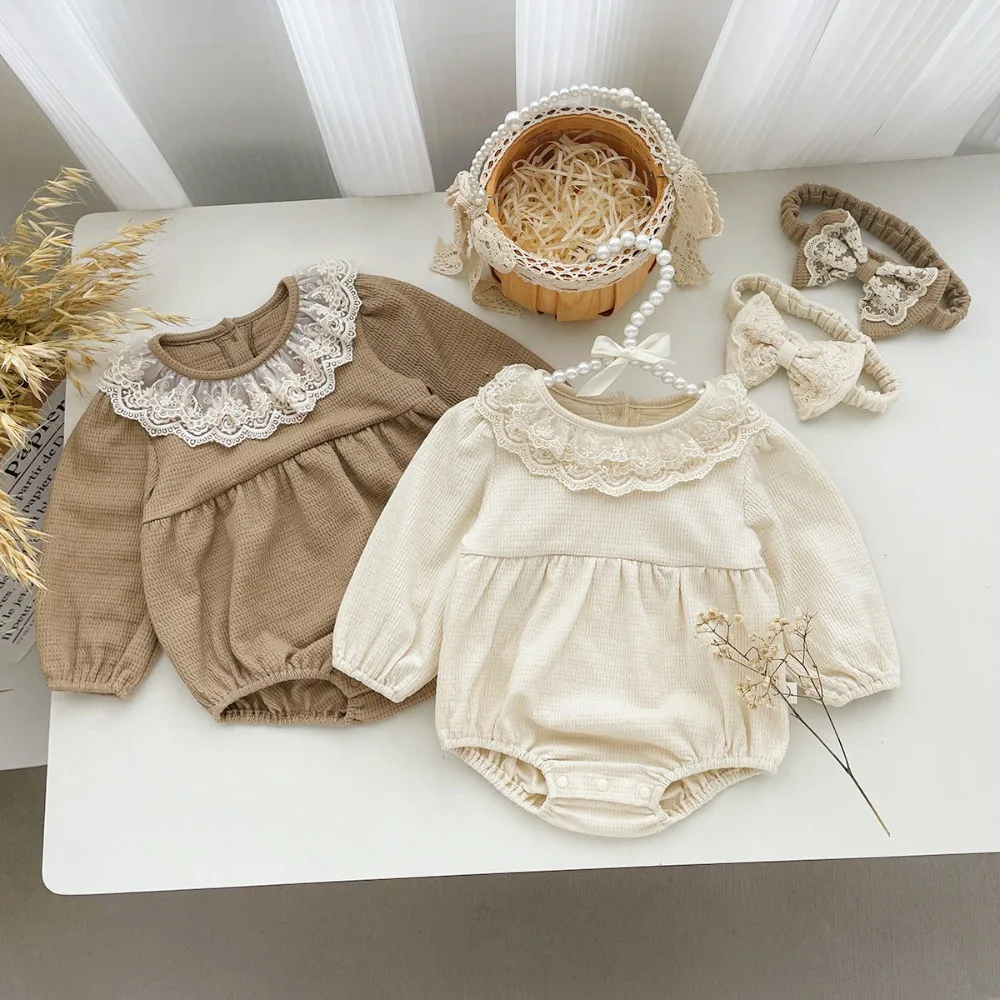 INS Autumn Baby Girl Romper 0-2Years Cute Newborn Infant Long Sleeve Lace Collar Waffle Pattern Bodysuit Headband 2PCS Clothes