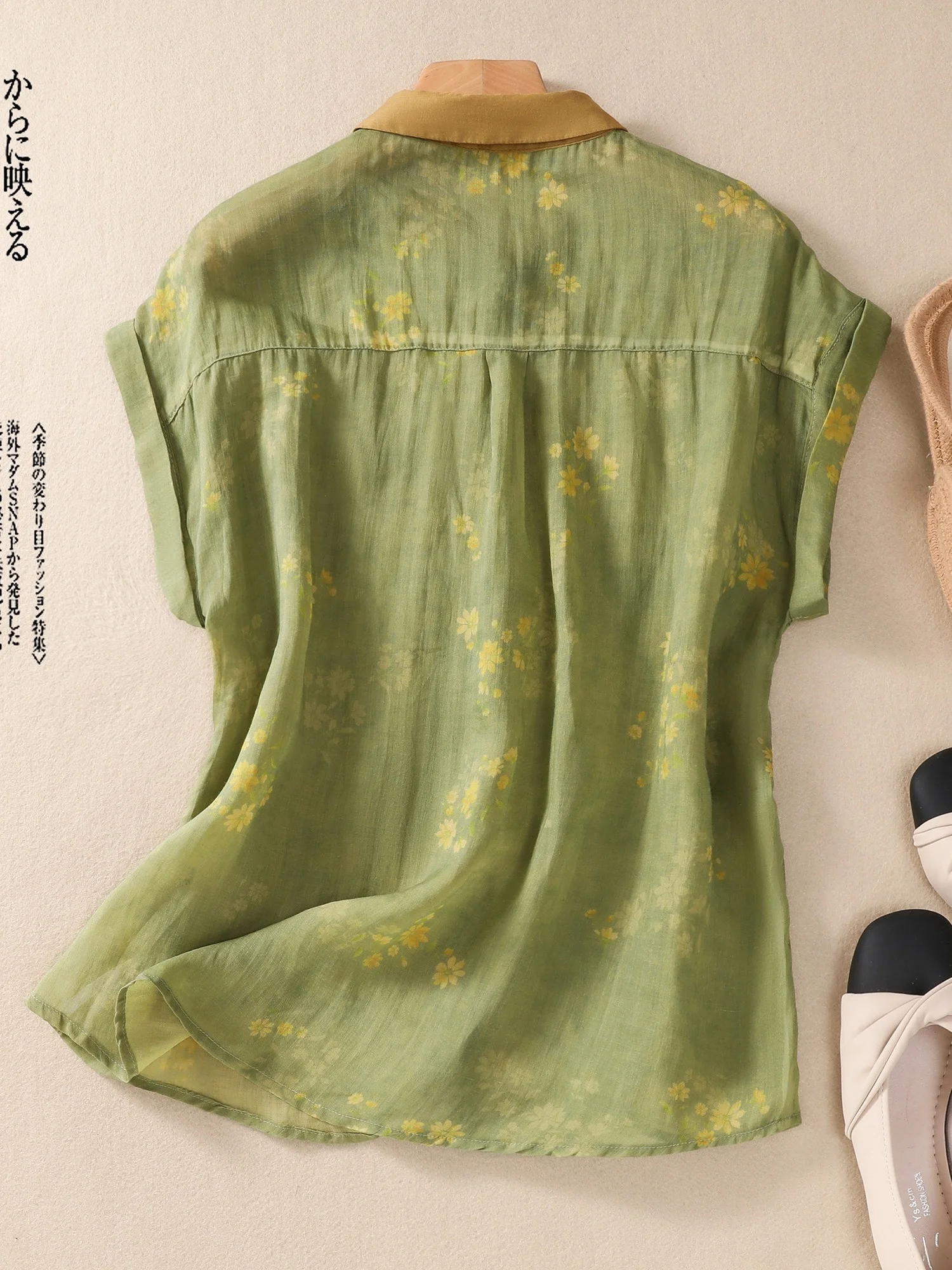 Retro Contrast Color Collar Printed Cotton Linen Women's Summer Thin Casual irt Meat Covering Top Versatile Loose Fit