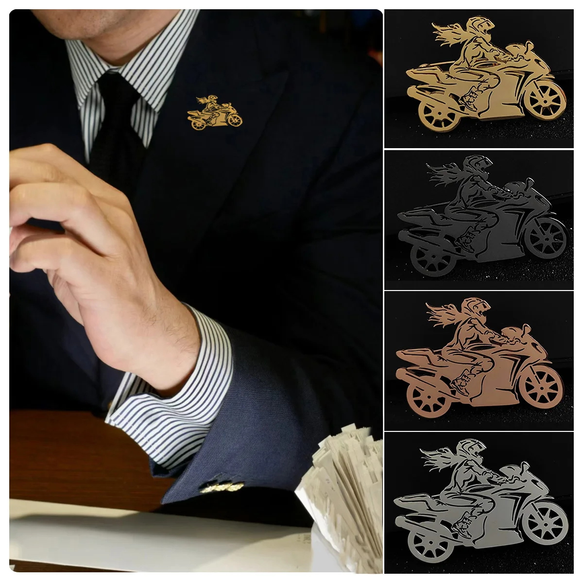 Fashion motorcycle shape brooch, steel black stainless steel gold plated pin, men's motorcycle suit collar pin, birthday gift