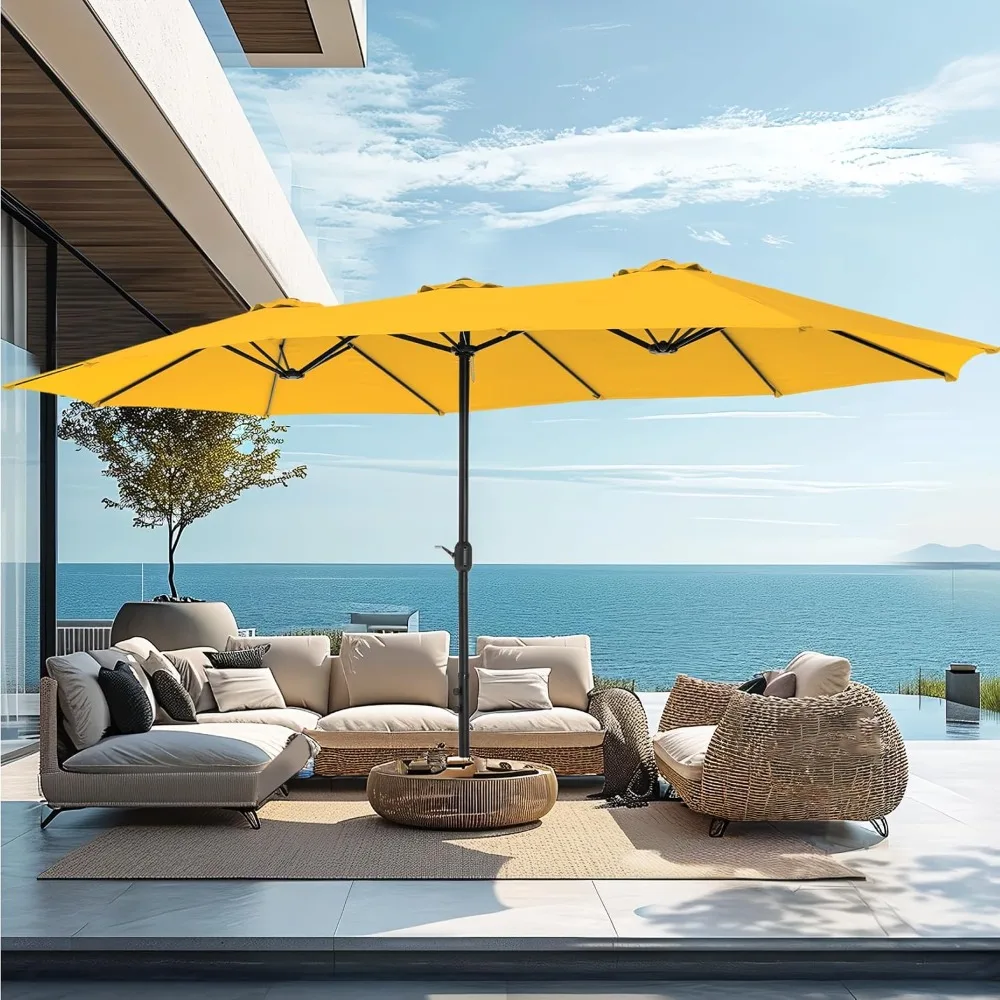 15ft Large Outdoor Patio Umbrella with Base Included, Beige | Big Rectangle/Rectangular Market Table Umbrellas w/Stand
