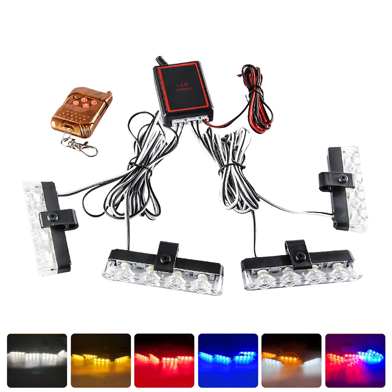 4 In 1 Red Blue Emergency Strobe Lights Police Lights 12V With Wireless Remote Control Flash Grille Light for Cars Truck Van SUV