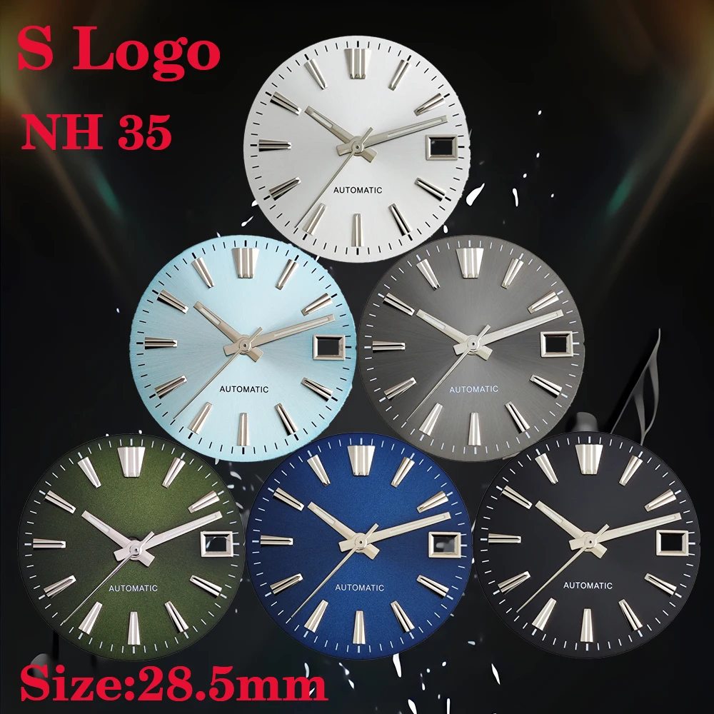 

Мужской циферблат для часов NH35, 28,5 мм, с логотипом S, солнечной полировкой, без люминесцентного покрытия, подходит для механизма NH35, аксессуары для циферблатов часов.