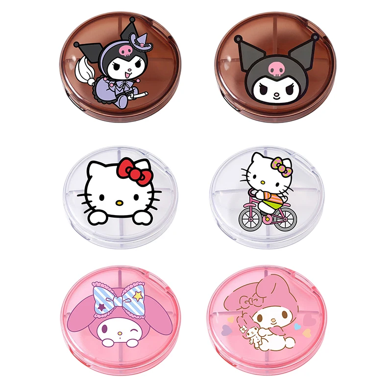 Sanurgente Kuromi Hello Kitty My Melody Boîte à pilules 4 grilles, mini pilulier en plastique portable, boîte à médicaments de poche, étui à pilules pour la maison