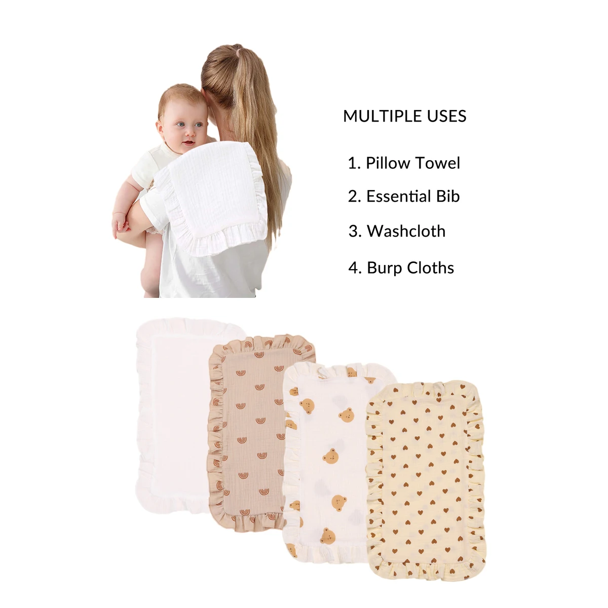 4Pcs/Set Soft Muslin Cotton Gauze Burp Rags Ruffle Newborn white Baby Burp Cloths