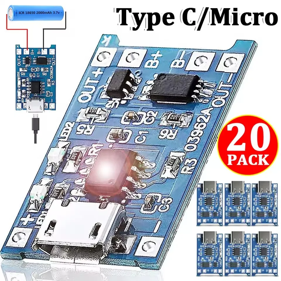 

Type-C Micro USB Interface Connector 5V 1A 18650 Lithium Battery Charger Module Charging Board with Dual Protection Functions