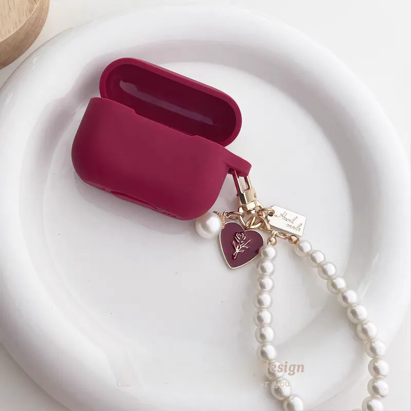 Wine Red Silicone Earphone Case for apple Airpods 1/2/3/4 Pro 2nd Bluetooth Headset Box With Sweet Vintage Rose Pearl Keychain