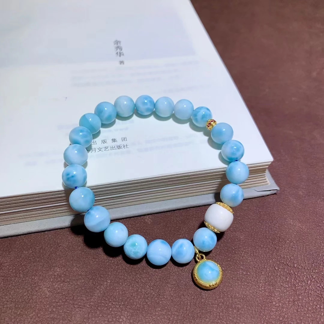 Natural Blue Larimar Round Beads Bracelet Jewelry 8.5mm Blue Larimar Pattern Women Men AAAAAAA