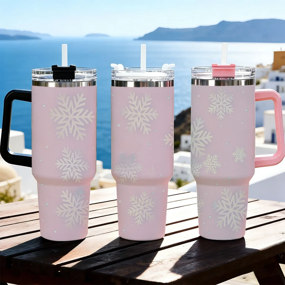 40oz Pink Snowflake Print Stainless Steel Tumbler With Handle Straw Lid 24 Hours Cold Insulated Travel Water Cup