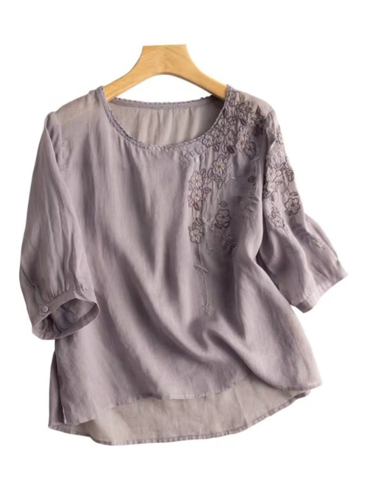 Giapponese Sle Artistico Ricamato Cotone Lino Sciolto Leggero ort Sve Donna irt Vintage Pendolarismo rotondo Ne Five...