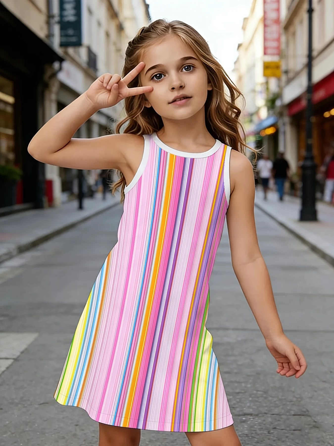 Kids Sleeveless A‑Line Dress Colorful Rainbow Stripe Print Sweet Lovely Light Stylish Outfit for Outdoor and Casual Daily Wear