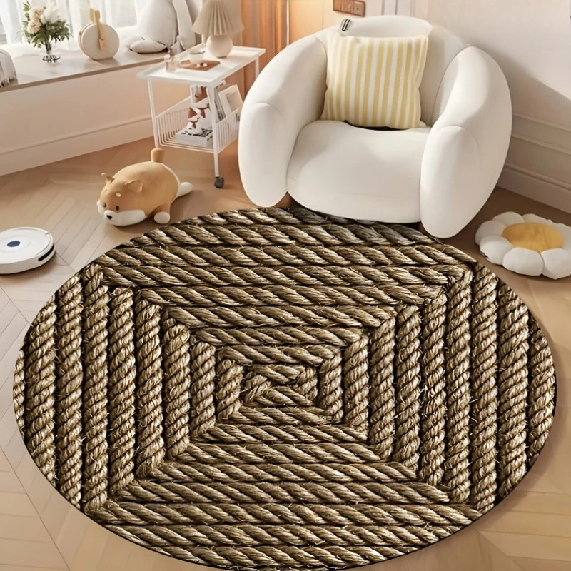 Vintage Braided Rope Texture Round Rug  Simulated Jute Twisted Pattern Circular Mat Neutral Farmhouse Non Slip Floor Carpet