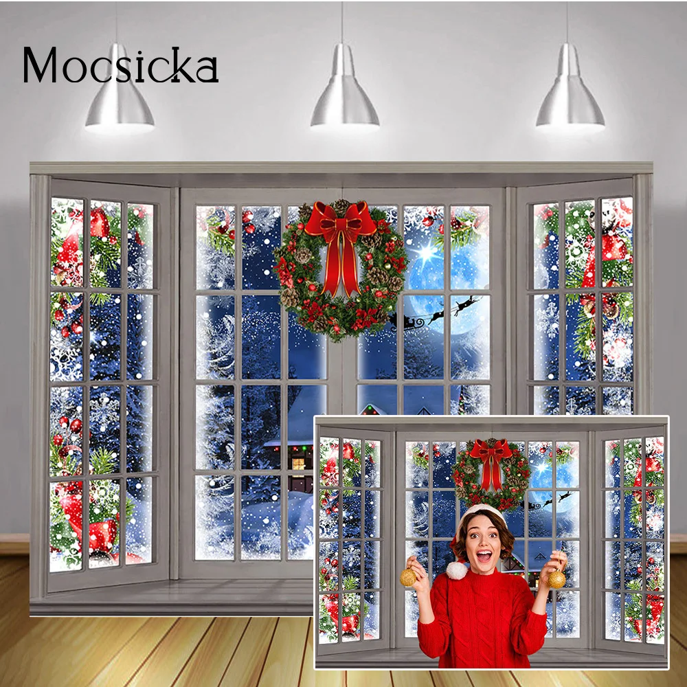 

Winter Frozen Window Birthday Photo Backdrop Winter Christmas Snow Portrait Background Full Moon Night Family Party Video Props