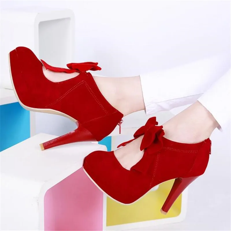 Plus Size 34-46 Women High Heels Sweet Bowknot Women Platform Pumps Flock Princess Mary Jane Women Party Shoes Ladies Footwear