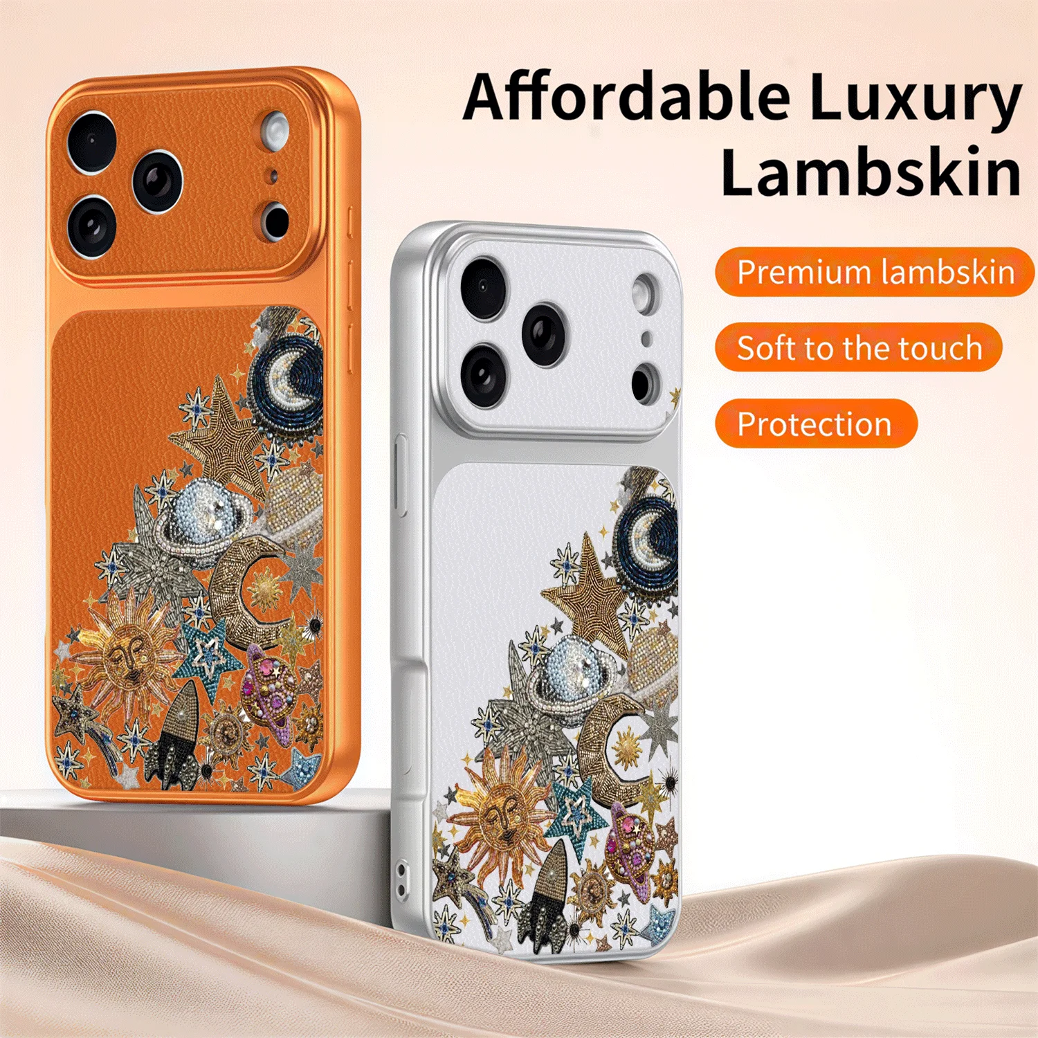 Beaded Celestial Motifs Collection Leather patterned phone case for iPhone 11/12/13/14/15/16/17 Pro ProMax