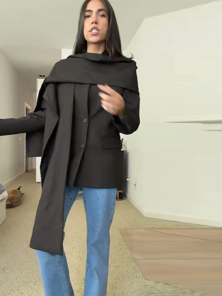 

Новый весенний женский полосатый пиджак с шарфом, шикарный минималистичный офисный повседневный деловой пиджак, модная верхняя одежда 2026, женский костюм