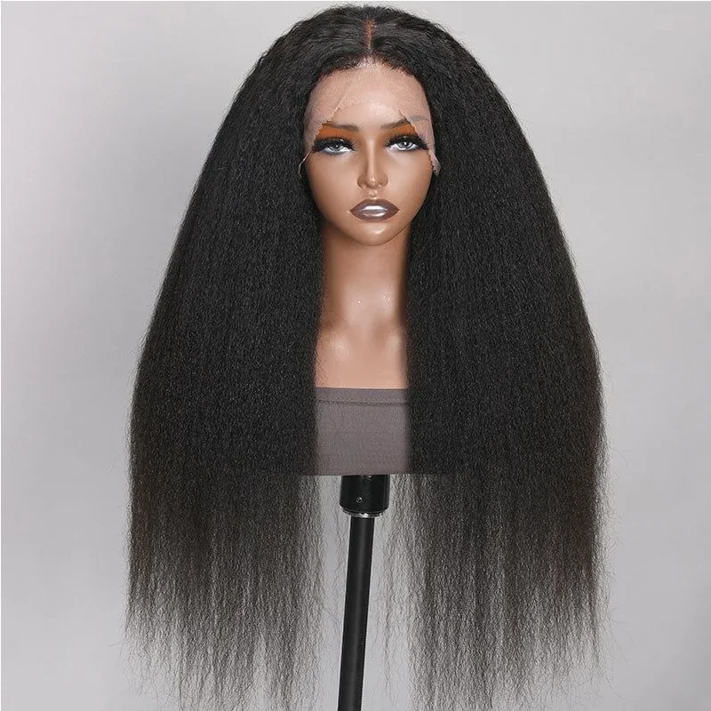 

26Inch Long Yaki Straight Natural Synthetic Lace Front Wigs Black Kinky Straight Lace Frontal Wig for Women Heat Temperature