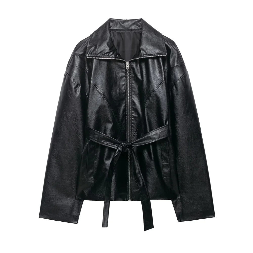 

2026 new women's collar, long sleeved zipper pocket decoration imitation leather with belt motorcycle jacket jacket jacket