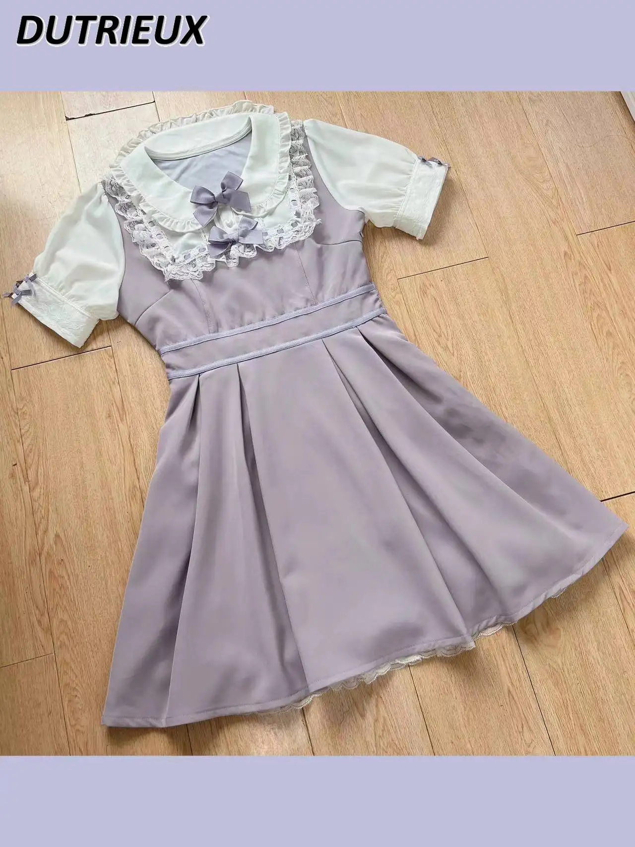 

2025 Spring and Summer Japanese Bow Sweet Lotus Leaf Doll Collar Princess Dress Kawaii Short Sleeves High Waist Slim Dresses