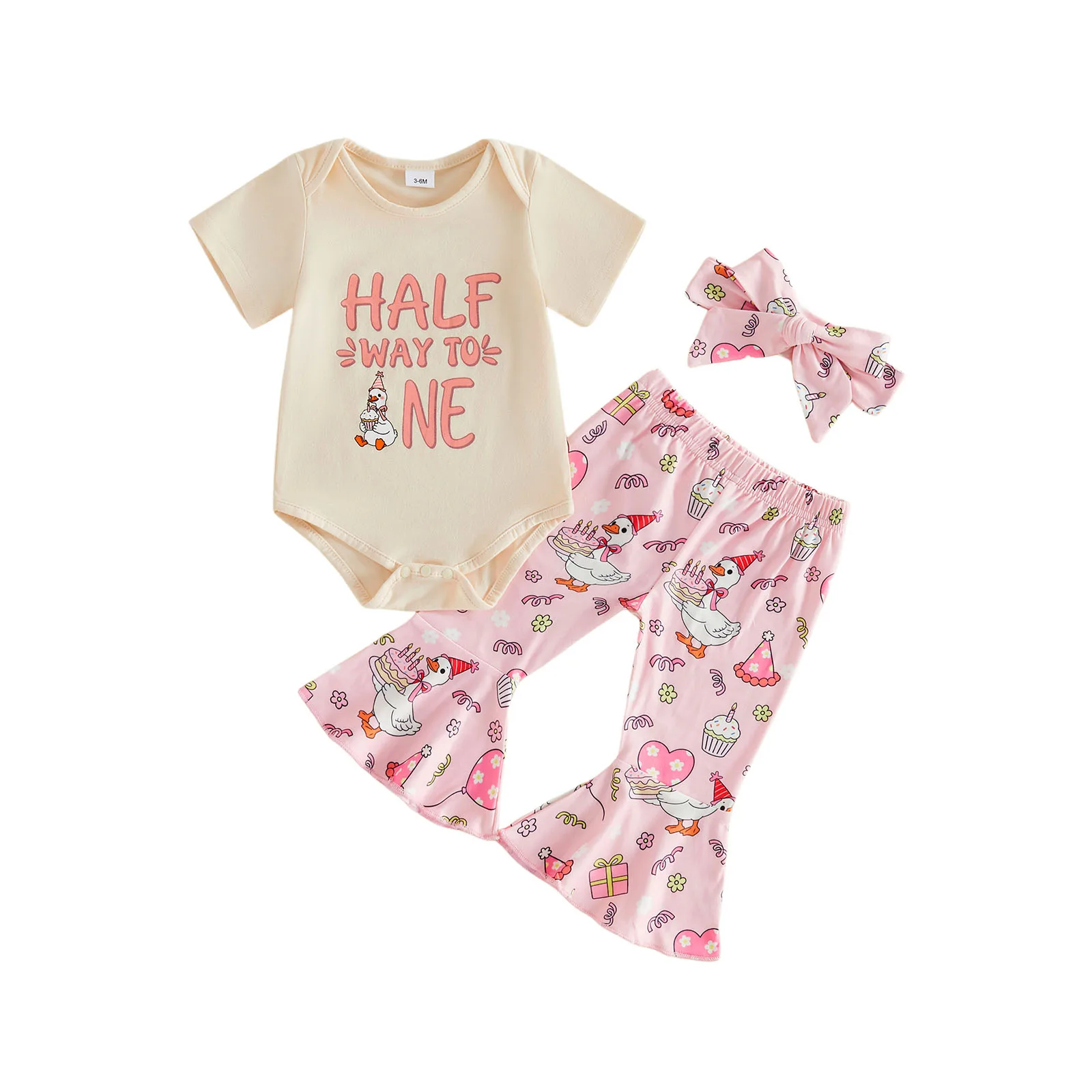 Baby Girls Half Birthday Outfits Adorable Letter Goose Print Short Sleeve Round Neck Romper and Flared Pants Headband Set