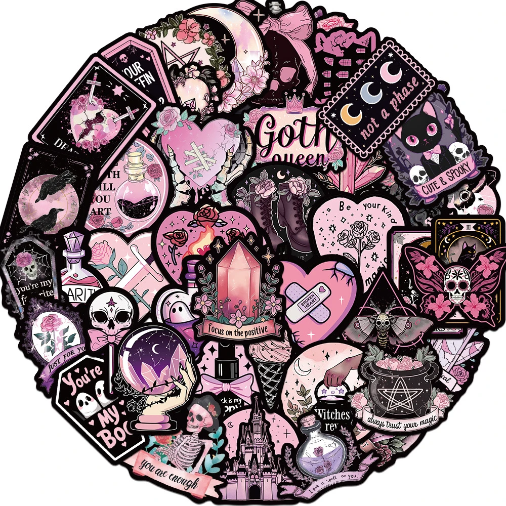 

10/30/50pcs Black Color and Pink Gothic Graffiti Stickers Aesthetic Decals Decoration DIY Skateboard Notebook Phone Case Sticker