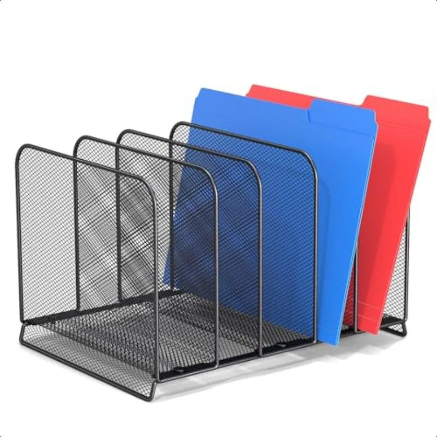 

5 Sections File RackMesh File Sorter File Folder Holder with Cylinder Edging Sturdy Not Bent Metal Desk Organizer Desktop Organ