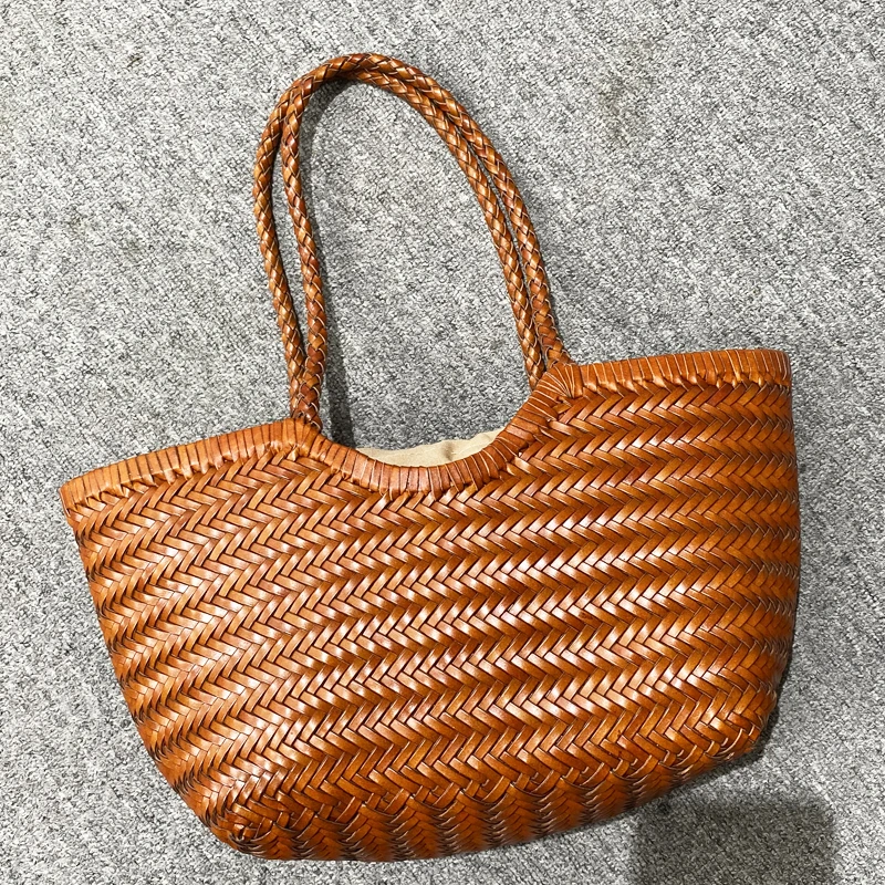 Genuine Leather Handwoven Tote Bags For Women Luxury Designer Handbags And Purses 2024 New In Cowhide With Inner Pocket Shoulder