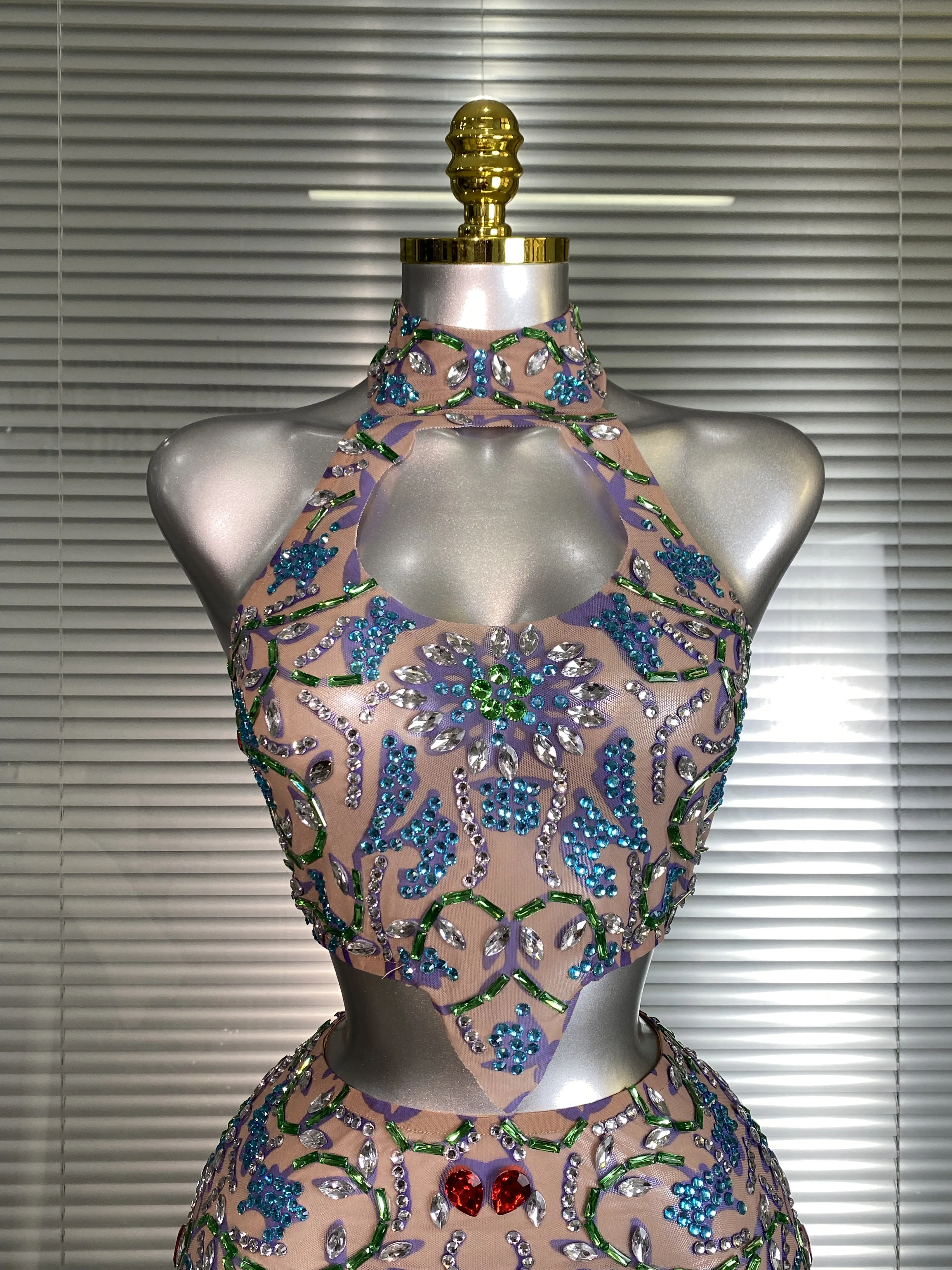 New Women Sexy Two Pieces Set Crystal Diamond Halter Skirt Suits Singer Dancer See Through Stage Performance Costume