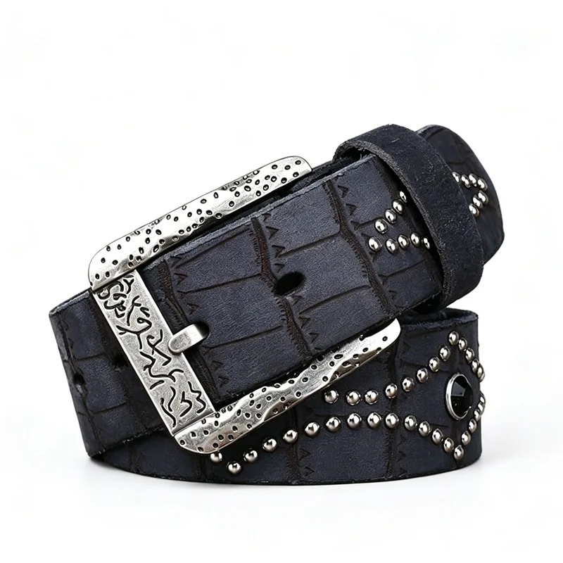 Vintage Distressed Embossed Punk Style Men's Belt, Genuine Top-grain Leather Casual Waistband for Jeans