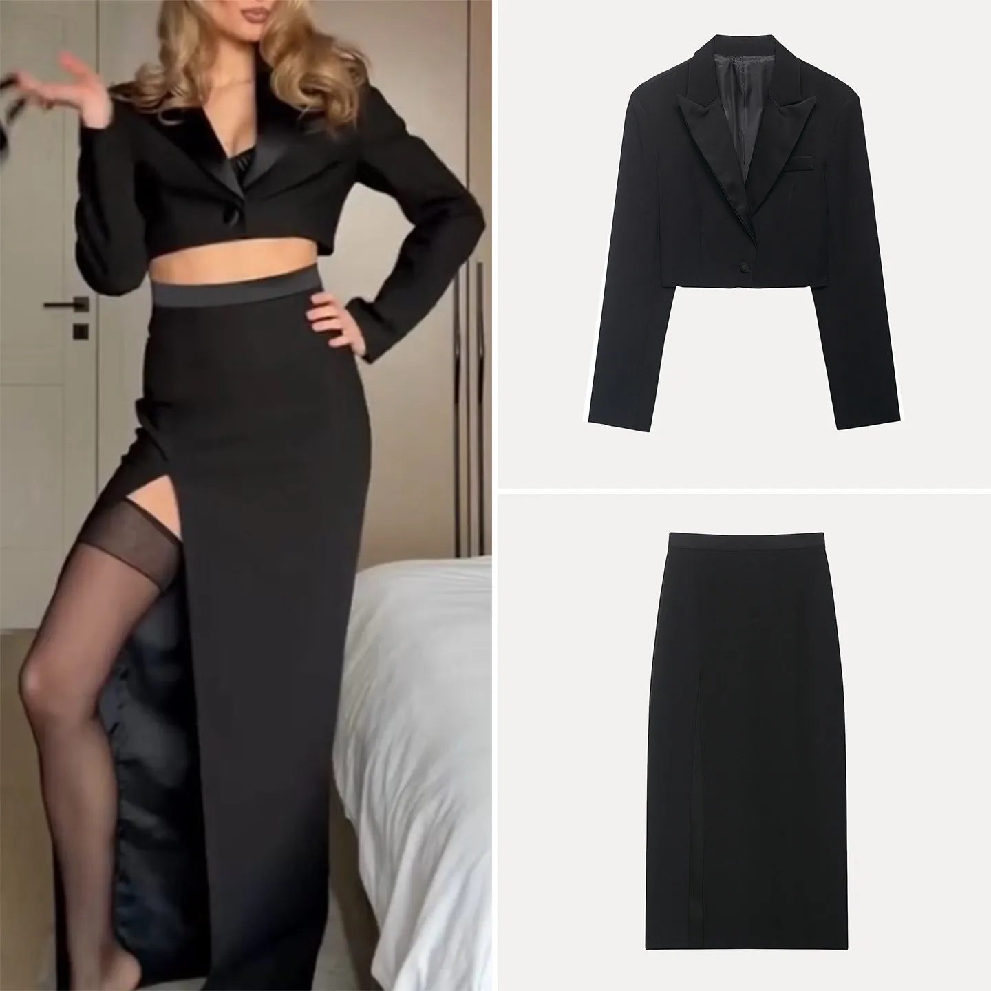 

Fashionable Short Suit Jacket And Split Skirt Women's Spring Outfit High Waist Long Sleeve Two-Piece Set Zadata Brand