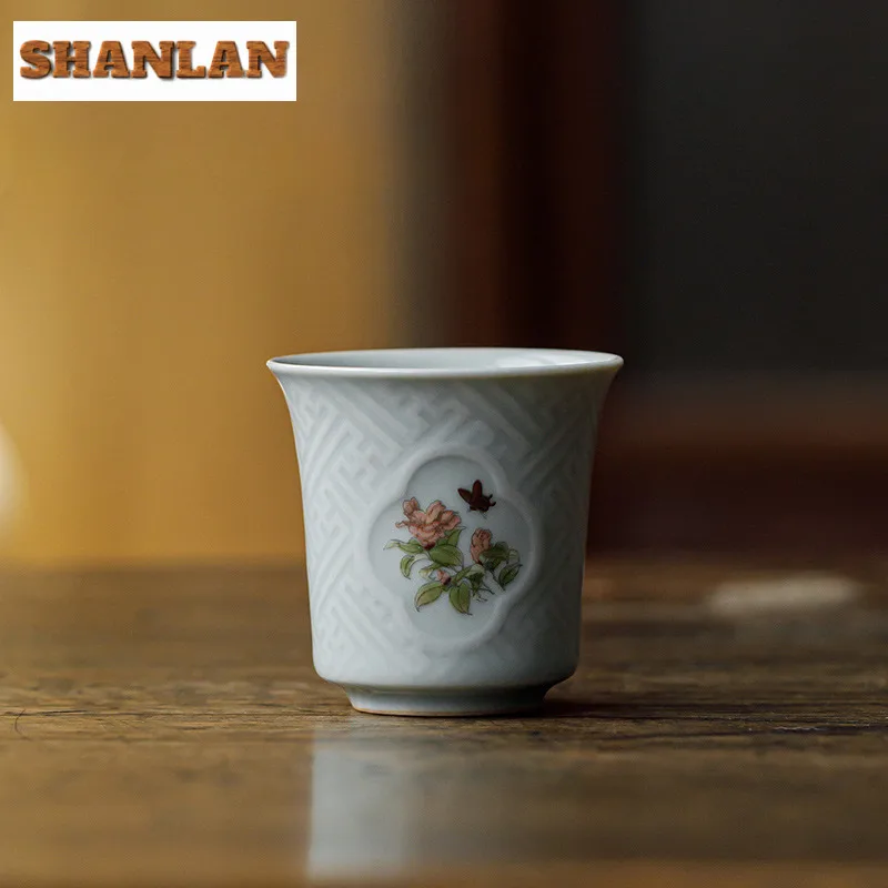 2pc/lot Sky Blue Ru Kiln Window Flower Teacup Tea Bowl Cup For Tea Tea-tasting Fragrance Cup Chazhan Master Cups Drinkware 40ml
