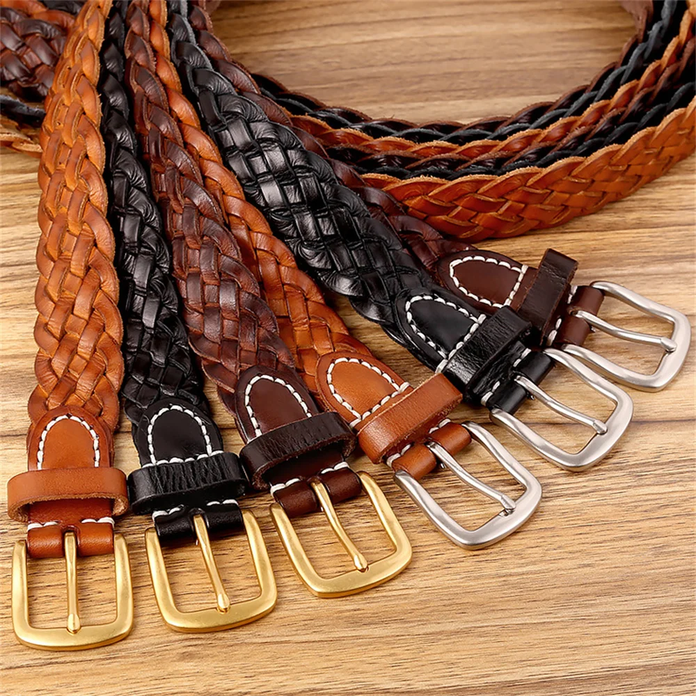 retro-woven-vegetable-tanned-cowhide-genuine-leather-belt-accessories-metal-buckle-belt-for-men-and-women