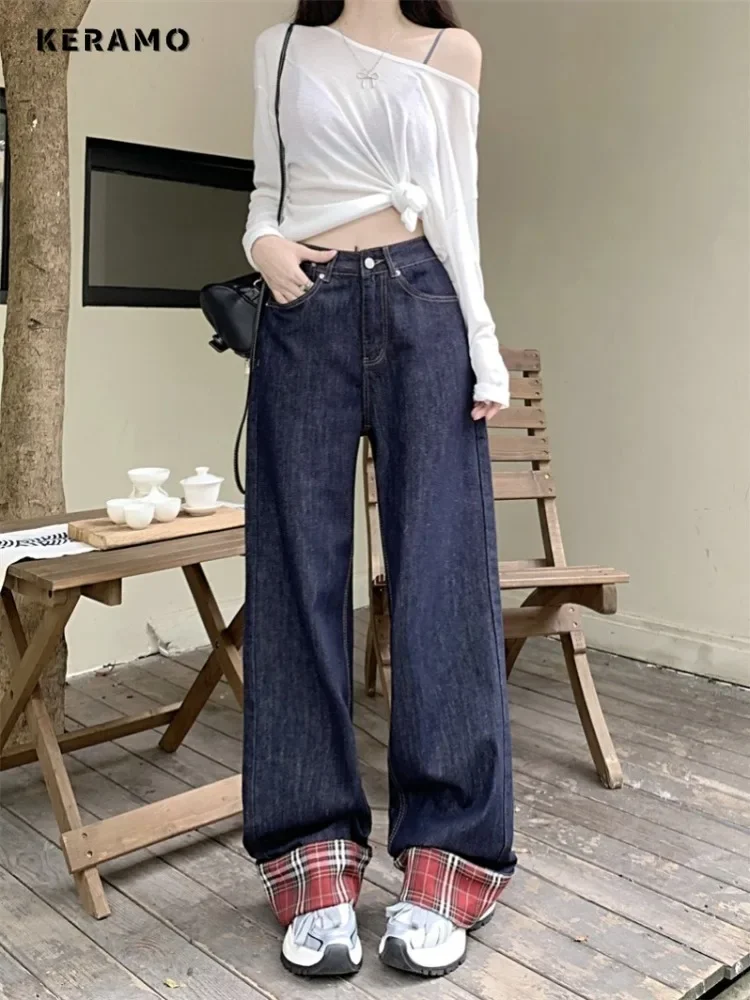 2024 Summer Harajuku Sheath High Waist Flared Jeans Plaid Patchwork Retro Y2K Pants Women's Vintage Slim Street Denim Trouser