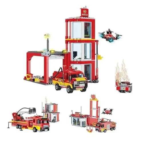 City Fire Station Building Blocks Toy 3IN1 Set with Firefighter Truck Fire Engine Rescue Drone DIY Bricks Toys for Kids Gifts