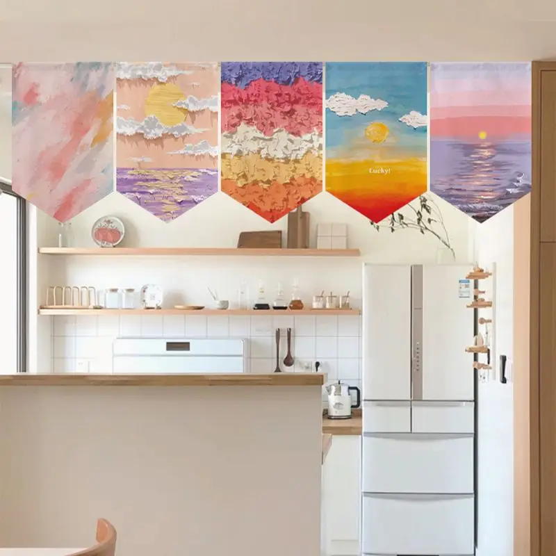 VIKAMA Fresh Oil Painting Landscape Flowers Triangle Hanging Flag Short Curtain Kitchen Bedroom Coffee Shop Door Decoration