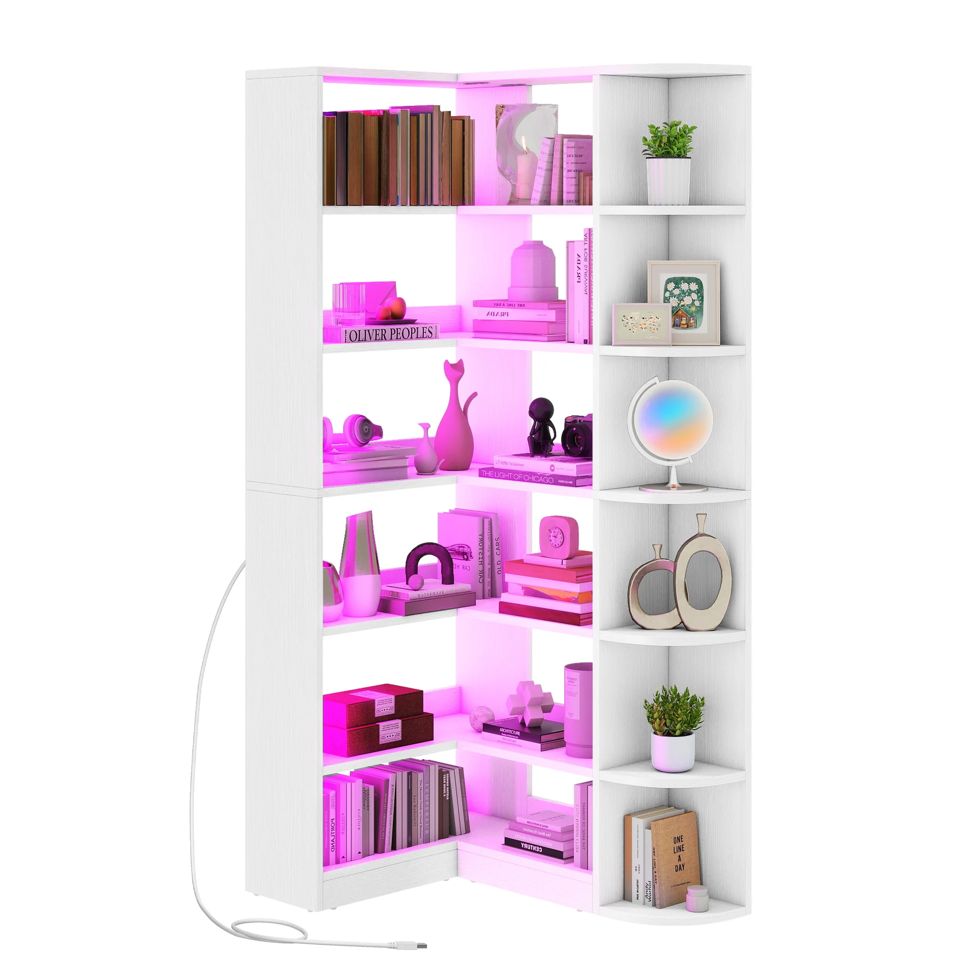 6 Tier Corner Bookshelf with LED Light, White Bookshelf L-Shaped Bookcase Storage Display Shelf