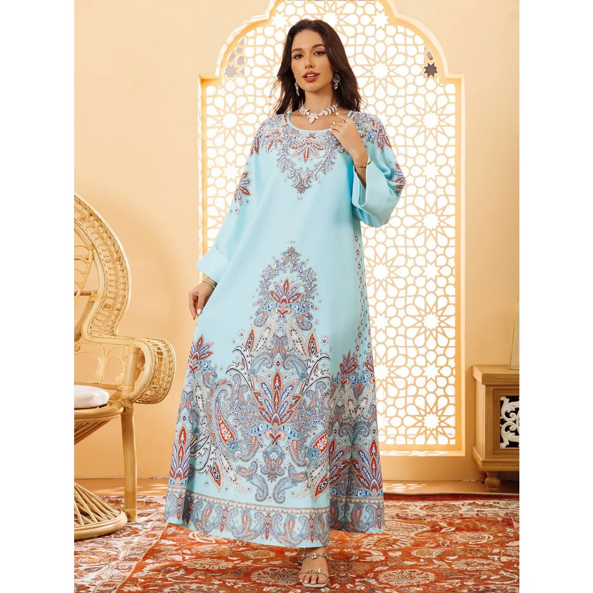 新しいイスラム教徒のファッションの女性のイブニングドレスレトロ花柄プリントダイヤモンド真珠 O ネックガウンモロッコサウジアラビアエレガントカジュアルルーズアバヤ