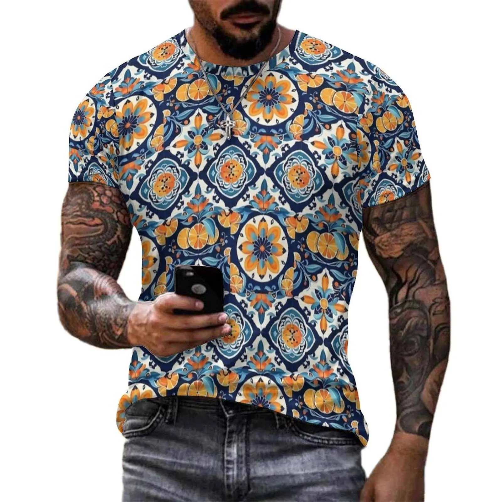 Citrus Floral Majolica Tile Print T-Shirt Men O Neck T-Shirts Summer Hip Hop Clothing Short Sleeve Basic Plus Size Tee Shirt
