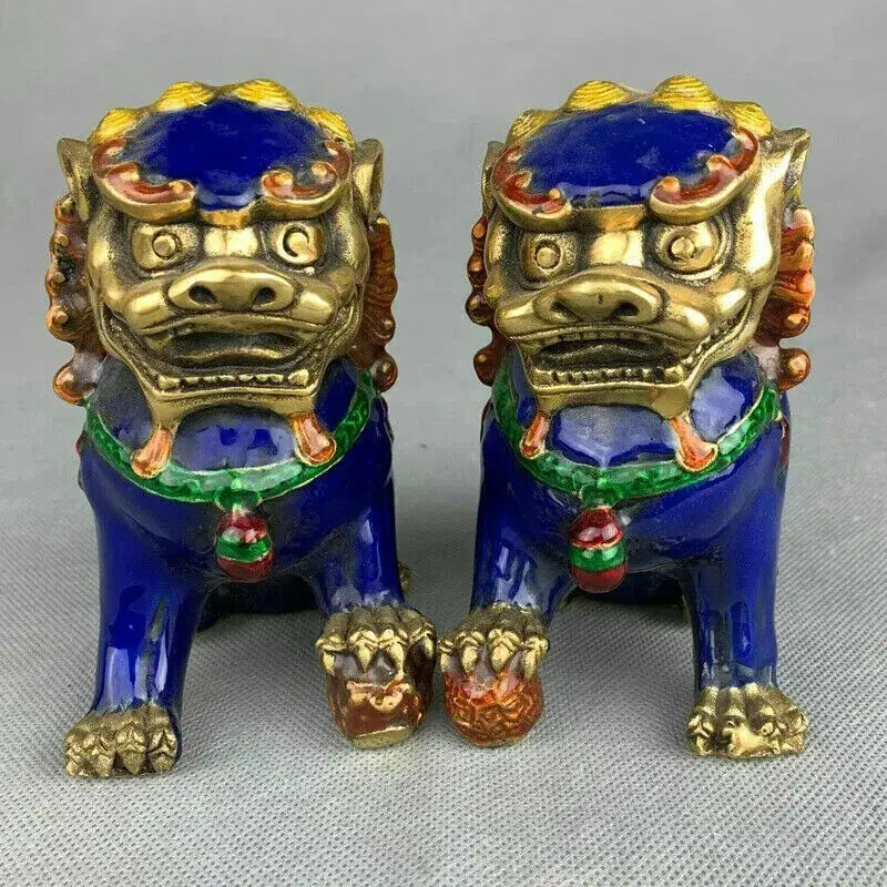 China Fengshui Cloisonne Enamel Bronze Foo Fu Dog Guardion Lion Statue Pair