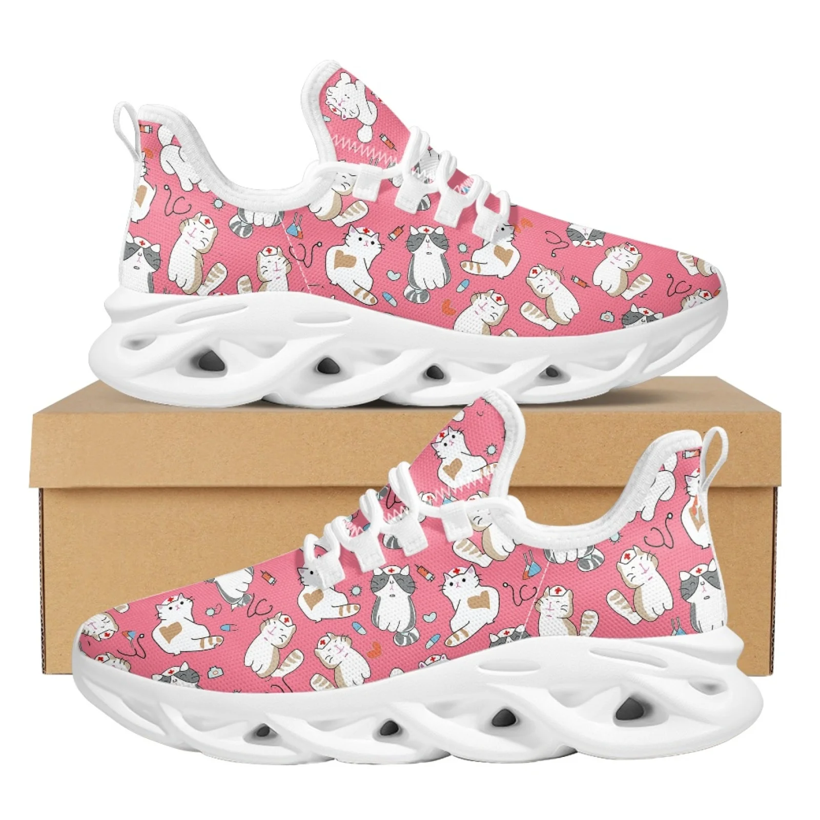 INSTANTARTS Nurse Cat Lady Shoes Cartoon Cat Print Thick Sole Blade Shoes Comfortable Lace Up Knitted Sneakers Pet Medical Shoes
