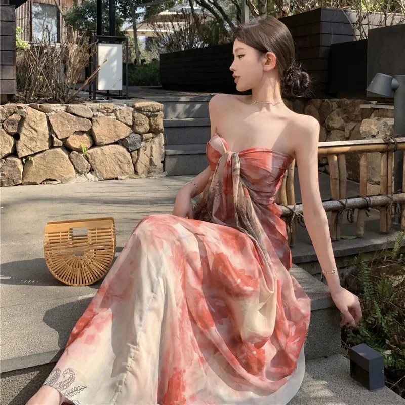 

Sexy Off Shoulder Niche Tie Dye Long Dress Women Elegant Print Knot Sleeveless A-Line Strapless 2025 Summer Beach Party Vestidos