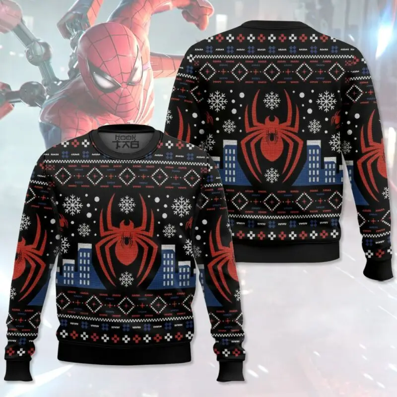 New Marvel superhero Spider Man Christmas Ugly Sweater Spider Web City Architecture Red Snowflakes Stars Festival Atmosphere